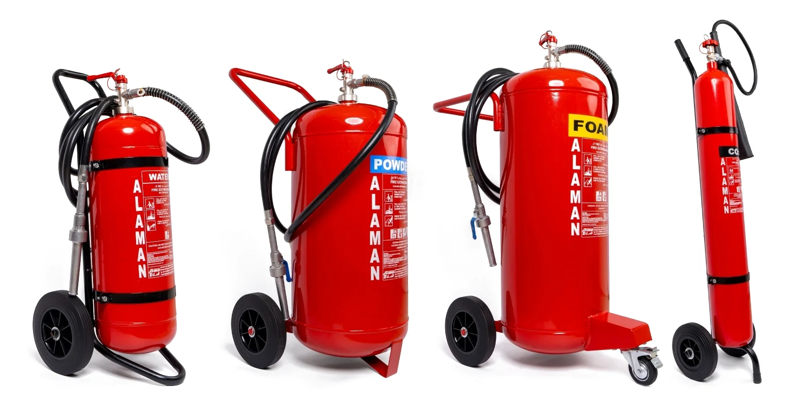 Range of Alaman wheeled fire extinguishers: water, powder, foam and CO2